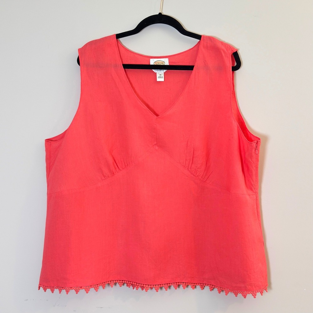 Talbots Woman Coral Pink 100% Irish Linen V-Neck Sleeveless Pom Pom Top 3X
